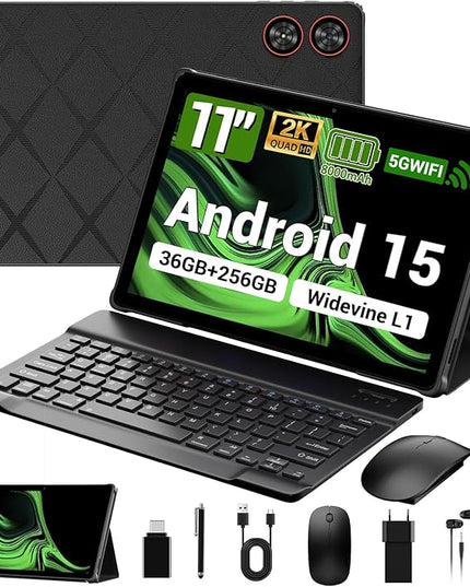 DEZLTID 2025 Tablet 11 inch Android 15 Tablets with Keyboard Stylus Mouse: 2K IPS Tablette (2000x1200), 36GB+256GB(2TB TF), 5G/2.4G Dual WiFi, 8-Core 1.6GHz, 8000mAh,8+13MP, BT5.0/GPS-Black