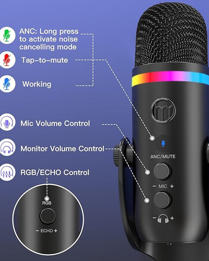 ZealSound Podcast Microphone for PC, USB Noise Cancelling Mic with RGB Lighting, Mute & Gain Control, Zero-Latency Monitoring for Mac, iPhone, iPad, Computer, Streaming, Recording, Podcasting K66 Pro