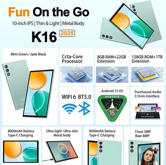 SKYEGG 2025 Android 15 Tablet 10.1 Inch Tablets, 30GB RAM 128GB ROM 1TB Expand, 8000mAh Battery, BT5.0, 2.4/5G Wi-Fi 6, Metal Body with Keyboard & Mouse, Gemini AI, Widevine L1 HD IPS Display - Green