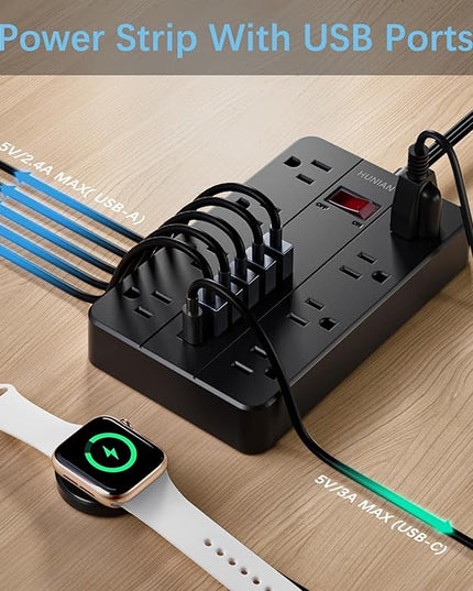 Power Strip Surge Protector, HUNIAN Flat Plug 10 Ft Long Extension Cord with 8 Widely Spaced Outlets 6 USB (1 USB C Port), Wall Mount Charging Station for Home and Office