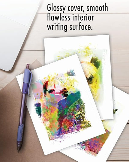 The Best Card Company Assorted Animal Watercolor Blank Greeting Card Box Set - Incl. 10 Unique Notecards Designs + Envelopes for Thank You, Invitations - Funky Rainbow Llamas AM6862OCB-B1x10
