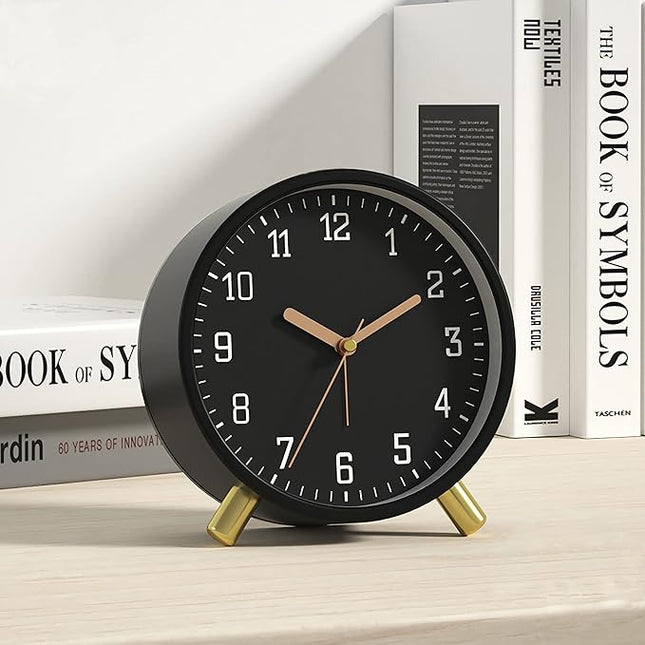 SHISEDECO Alarm Clock with Backlight, 4.5 inches Bedside Analog Non-Ticking Silent Small Deskclock with Arabic Numerals, Battery Operated Round Tableclock for Living Room, Bedroom (Black Color)