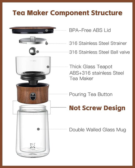 ZENS Modern Glass Infuser Teapot, One Touch Tea Maker for Loose Leaf Tea with Insulated Mug and Portable Case. Enchanted Pot Alternatives for Tea Lover Gifts