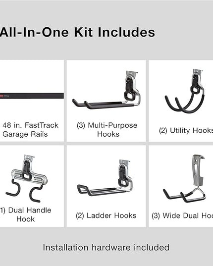 Rubbermaid 15-Piece FastTrack Garage Wall-Mounted Storage Kit, 4 Rails and 11 Hooks, for Home/House/Tool/Sports/Equipment/Utility Purposes