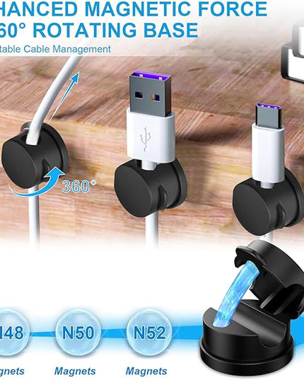 6pcs Magnetic Cable Clips, 360° Swiveling Adhesive Cable Organizer - Compact Cable Holder for Desk, Nightstand, Car, Kitchen & Home Office - Charger Cord Holder Solution by MarLigavid (Black)
