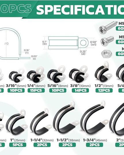 OURU 280PCS Cable Clamps with Screws Assortment Kit 304 Stainless Steel Rubber Cushioned Insulated Wire Pipe Clamps 13 Sizes—1/8" 3/16" 1/4" 5/16" 3/8" 1/2" 5/8" 3/4" 1" 1-1/4" 1-1/2" 1-3/4" 2”