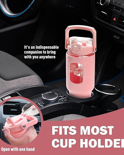 BLUEGO 40oz Glass Tumbler with Lid and Straw, Glass Water Bottles with Handle, Glass Cup with Time Marker and Silicone Sleeve, Fits Most Cup Holder, Leak-proof, Pink