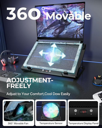 DEPGI Laptop Cooling Pad, Laptop Cooler Stand with 5.5" Movable Fan Easy to Clean, Auto Temp Sensor & 3-Speed Manual Control, Ultra Quiet ≤40dB for 14–17.3 Inch Laptops，Black