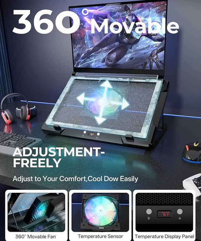 DEPGI Laptop Cooling Pad, Laptop Cooler Stand with 5.5" Movable Fan Easy to Clean, Auto Temp Sensor & 3-Speed Manual Control, Ultra Quiet ≤40dB for 14–17.3 Inch Laptops，Black