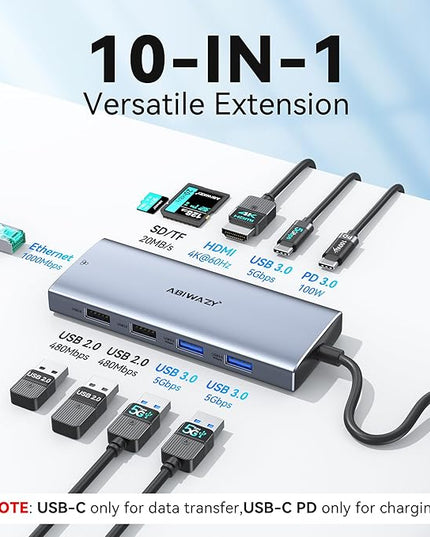 USB C Hub Adapter for MacBook Pro Air,10 in 1 USB C to USB HDMI Ethernet Hub Mac Dongle Accessories Converter for laptops (4K@60Hz HDMI+Ethernet+4USB+1USB-C Data Port+SD/TF Card Reader+100W PD)