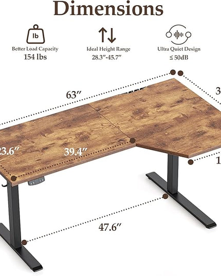 Klicelor 63 Inch L Shaped Standing Desk, Adjustable Height Corner Desk for Home Office Workstation, Sit Stand Desk with Two-Piece Desktop, Rustic Brown