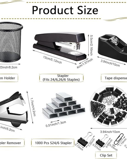 Office Supplies,Desk Accessories, Stapler and Tape Dispenser Set for Women with Stapler, Tape Dispenser, Staple Remover, Staples, Clips, Scissor and Tabs,Gift for Students, Coworkers