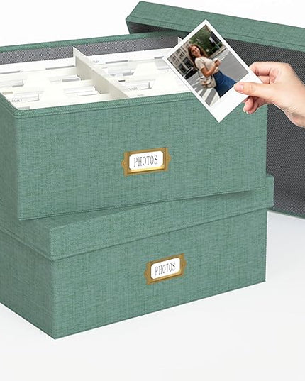 Decorative Photo Storage Box - 2 Pack Linen Photo Box Organizer with Dividers, Fits Holds Up to 1700 Pictures and 4x6 Photos, Memory Keepsake Organizer for Scrapbook Supplies, Cards, Stamps (Green)
