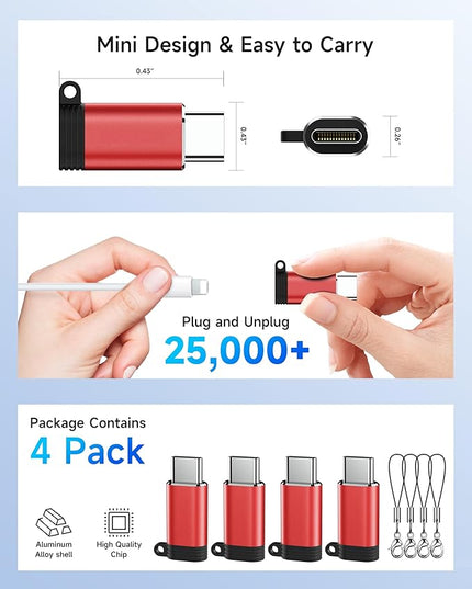 Lightning to USB C Adapter 4 Pack - Fast Charging & Data Transfer USB Type C to Lightning Charger Connector Compatible with iPhone 15/16/17 Pro Max/Plus, Samsung, Pixel - (Not for Audio/OTG)-Red