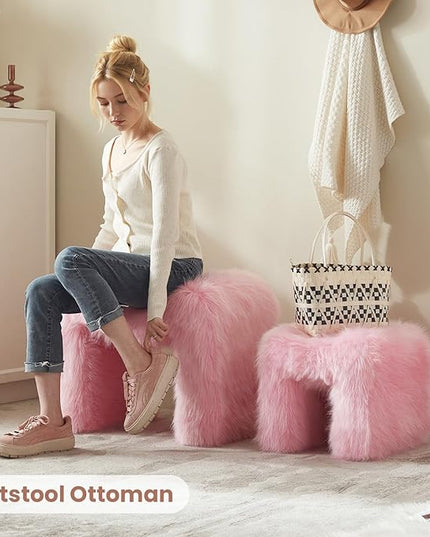 Ottoman Set of 2 Small Footstool Ottoman Vanity Stool Chair Faux Fur Seating Backless Modern Foot Rest Furry for Makeup Room Living Room Bedroom Entryway,Pink(2-in-1)