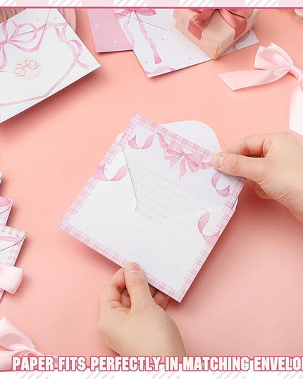 TaoBary 160 Pcs Stationery Paper Set 50 Double Sided Stationery Papers with 50 Matching Envelopes and 60 Round Dot Sticker, 10 Design(Pink Bow,5.5 x 8.25 Inch)