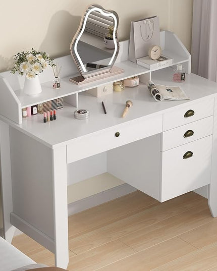 4 EVER WINNER White Desk with Drawers, Small Desk with File Drawer for Small Spaces, Writing Desk with Monitor Stand Wood Table for Home Office, White