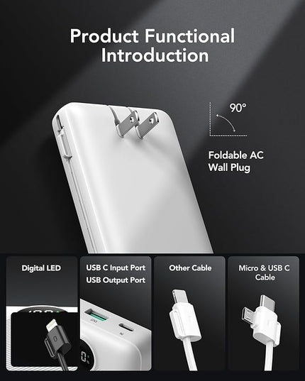 VRURC Power Bank 20000mAh, Fast Charging Portable Charger USB C,4 Output 2 Input Travel Essentials Charging Bank Equipped with LED Display,Built-in Wall Plug and Cables,Phone Charger Battery,White