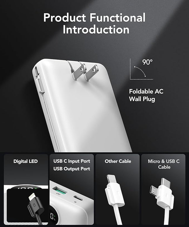VRURC Power Bank 20000mAh, Fast Charging Portable Charger USB C,4 Output 2 Input Travel Essentials Charging Bank Equipped with LED Display,Built-in Wall Plug and Cables,Phone Charger Battery,White