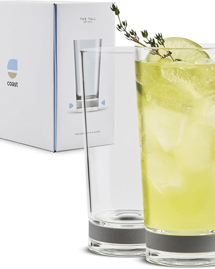 Coast Glassware The Tall – Patented Highball Drinking Glasses with Built-In Stone Coaster Base – Absorbent, Surface-Protecting Water & Cocktail Glasses – Premium Gift Pack (Set of 2) - 16 oz