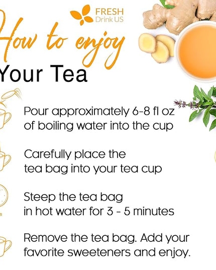 FreshDrinkUS, Premium 35 Tulsi Lemon Ginger Tea Bags, 100% Natural & Pure from Tulsi Holy Basil Leaves, Lemon and Ginger. Made with Natural Material Tea Bags. No Sugar, No Caffeine, Vegan.