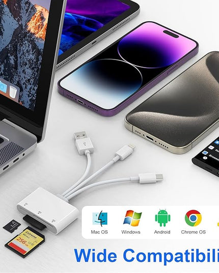 XD Card Reader, SD Card Reader for iPhone, 3 in 1 SD/TF/XD Picture Reader for Lightning/USB C/USB A Device, Lightning+USB A+USB C xd Picture Card Adapter for iPhone 16/15/14/13/iPad/PC/Android