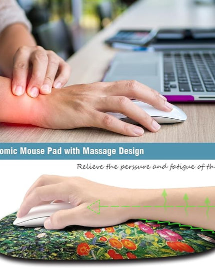 Mouse Pad, Cute Floral Mouse Pad with Wrist Rest Support and Non-Slip PU Base, Ergonomic Mousepad for Pain Relief, Office & Home, Computer, Oil Painting Flowers