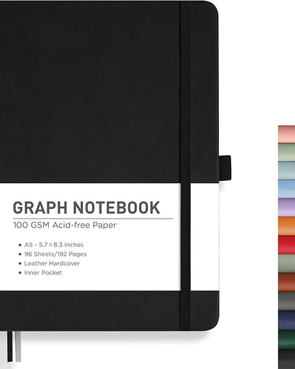 RETTACY Graph Grid Paper Notebook, 192 Pages, A5 Medium Size (5.7'' x 8.3''), 5 Squares per Inch, Leather Hardcover, 100 GSM Thick Paper, for School, Students, Math, Engineering (Black)