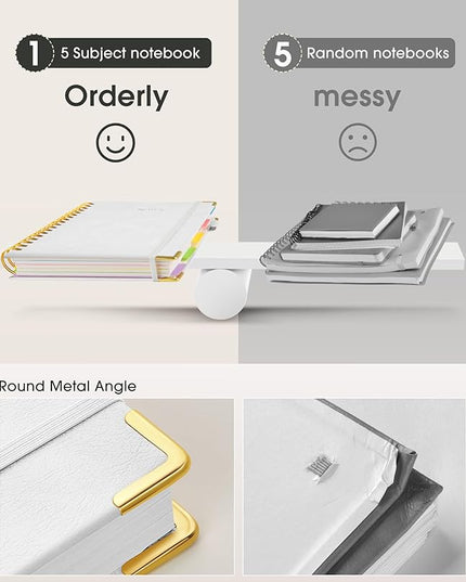 Hardcover Spiral Notebook journal with Removable Dividers Tabs, 300 Pages Leather 5 Subject Notebook College Ruled, 100GMS Notebooks for Work School Note taking,Lined Journal for Women,A5 White