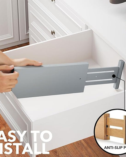 SpaceAid Bamboo 4 Pack Dresser Drawer Dividers, 4.65“ High Adjustable 12.5“-17” Drawer Organizers, Expandable Organization for Clothing, Clothes, Dressers, Gray