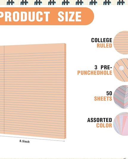 PerKoop 400 Sheets Colored Loose Leaf Paper 8.5" x 11" college ruled Lined 3 Hole Punched notebook Filler Paper for 3 Ring Binders Office School Supplies (Fantasy Color)