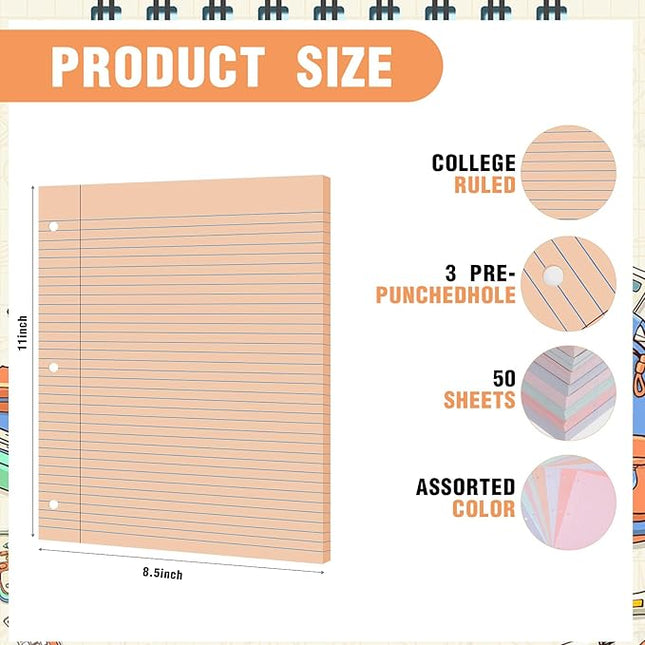PerKoop 400 Sheets Colored Loose Leaf Paper 8.5" x 11" college ruled Lined 3 Hole Punched notebook Filler Paper for 3 Ring Binders Office School Supplies (Fantasy Color)