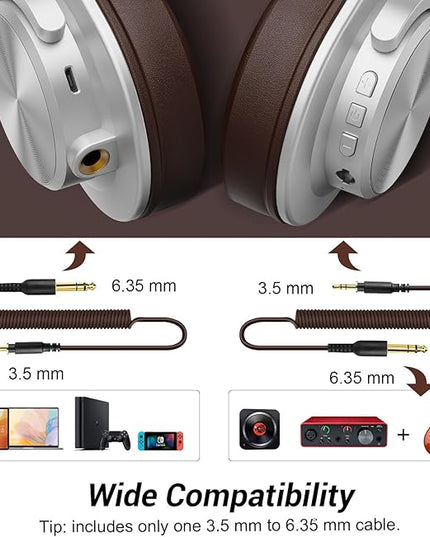 OneOdio A70 Bluetooth Over Ear Headphones, Wireless Headphones w/ 72H Playtime, Hi-Res, 3.5mm/6.35mm Wired Audio Jack for Studio Monitor & Mixing DJ E-Guitar AMP, Computer Laptop PC Tablet - Silver