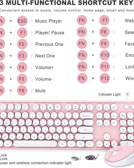 Wireless Keyboard and Mouse Combo, Ergonomic Full Size Typewriter Retro Round Keycaps Keyboard, Compatible with Windows, PC, Perfer for Home and Office Keyboards (Lovely Pink)