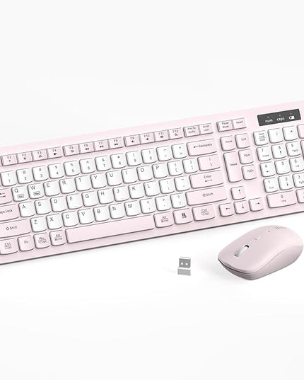 Wireless Keyboard and Mouse Combo, Full-Sized Quiet Wireless Keyboard and Adjustable DPI Mouse, 2.4GHz USB Receiver, Keyboard and Mouse for PC, Windows, Desktop, Laptop (Pink and White-B)
