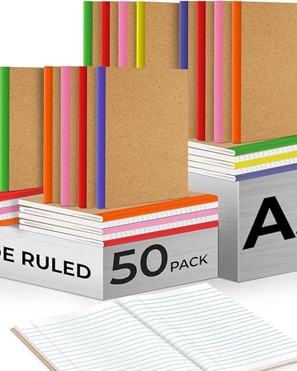 Rosmonde 50 Pack A5 Kraft Journal, Extra Pages - 120 Pages (60 Sheets), Long Lasting, Wide Ruled, 8 x 5.7 Kraft Notebook, Bulk Journal Notebook A5, Bulk Composition Notebooks, Bulk Notebook for School