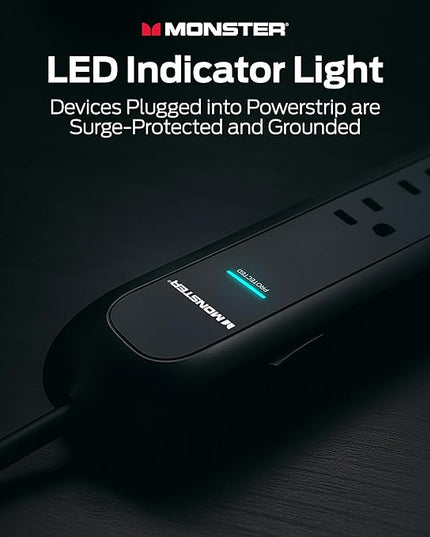 Monster Power Surge Protector w/ 1200 Joule Rating — Heavy Duty 6 FT Surge Protector Power Strip w/ 6 120V Outlets, 2 USB-A Ports — Fireproof MOV, Dual Mode, Clean Tech for Home & Office (Black)