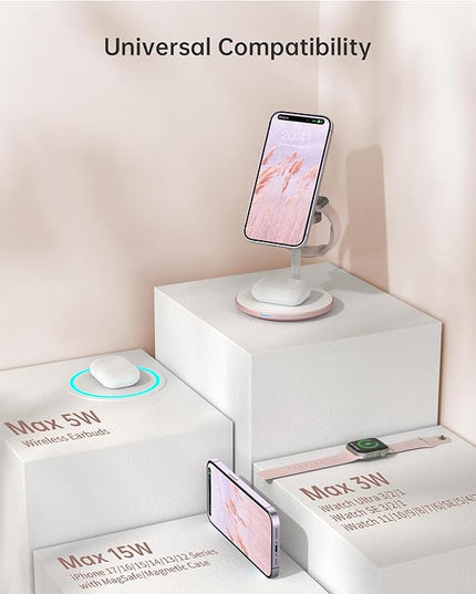 XooFly 3 in 1 Wireless Charging Station for Apple Devices, Fast Wireless Mag-Safe Charger Stand with 20W Adapter for iPhone 17/16 15 14 13 12 Pro Max/Pro/Plus/Air/Mini, iWatch, AirPods (Pink)