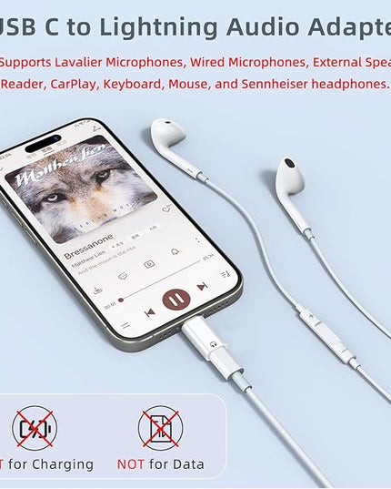 2 Pack USB C to Light-ning Audio Adapter Only for Apple EarPods Headphones, Not for Charging/Data Transfer, Light-ning to USB C Adapter for iPhone 16/15, iPad, White