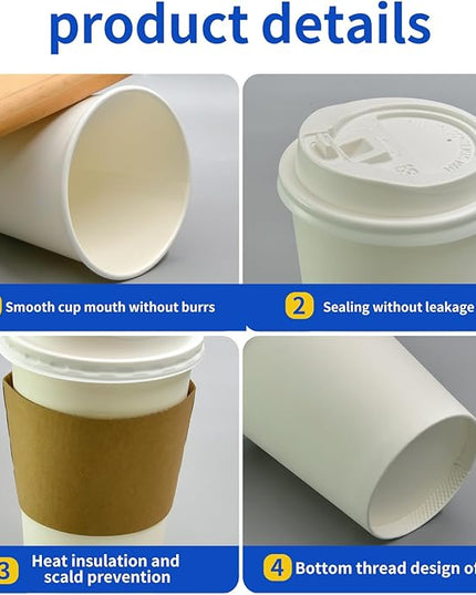 100 Pack 12oz Disposable Coffee Cups With Lids straws sleeves, Disposable cups, Paper Cup, Tea Cups for Hot To Go Coffee k cups with lids, Cupping set,Beverages, shop Home Office Party Travel