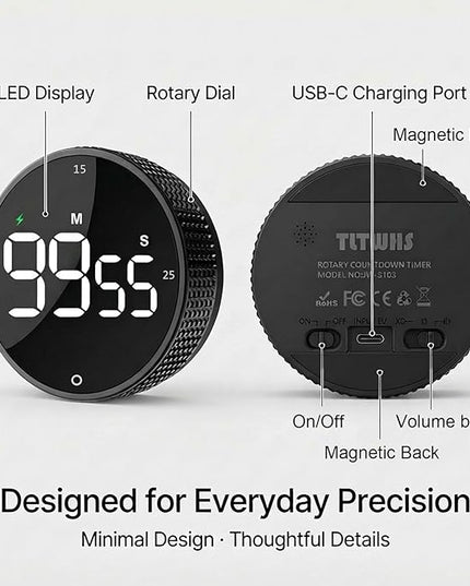 Rechargeable Magnetic Kitchen Timer, LED Countdown/Count-Up Timer, Supports USB-C Charging, with Loud Alarm, 3 Preset Quick Times (5/15/25m), Perfect for Kitchen Cooking, Studying, and Fitness