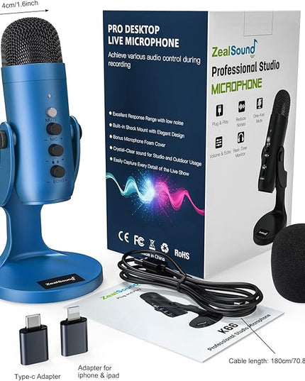 ZealSound Podcast Microphone for PC, Noise Cancellation USB Mic with Gain, Volume Adjustment & Mute Button, Monitoring & Echo, for YouTube, TikTok, Podcasting, Streaming, iPhone, iPad, Android(Blue)