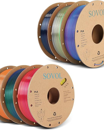 Sovol Silk PLA Filament 6KG Kit, Silk Tri Color & Dual Color Co-Extrusion PLA Materials, Shiny Multicolored Fast Change Rainbow 3D Printer Filament, 1.75mm 1kg/ 2.2lbs +/-0.03mm