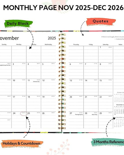 2026 Planner, Weekly and Monthly Planner, January 2026 - December 2026, Calendar Planner A5 (6.5" x 8.5") with Tabs, Inner Pocket for Home School Office Supplies, Black Flower
