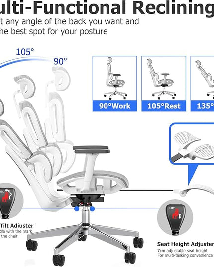PatioMage Ergonomic Office Chair, Big and Tall Desk Chair with Adjustable Lumbar Support & Seat Depth, High Back Computer Chair, Swivel Mesh Chairs with Wheels for Home Office, White