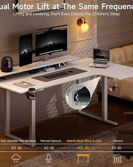 L Shaped Standing Desk, 63x43'' Electric L Stand Up Desk with 2 Adjustable Monitor Shelves, Dual Motor and Memory Controller, Adjustable Height from 28-46'' for Home and Computer Workstation, White