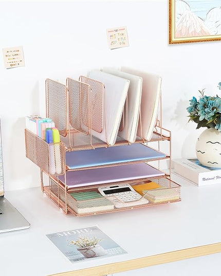 LEKETREE Desk Organizers and Accessories, 3-Tier Paper Organizer with 5 Vertical File Holders, File Organizer for Desk (Rose Gold With Drawer, 3T With Drawer)