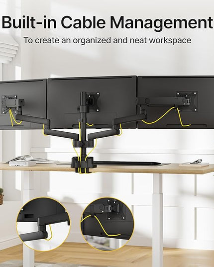 monTEK Triple Monitor Mount for Max 27 inch Computer Screens, 3 Monitor Desk Mount Each Arms Holds up to 19.8lbs, Three Monitors Desk Arm with Swivel, Tilt, Rotation, MA1009PBK-T