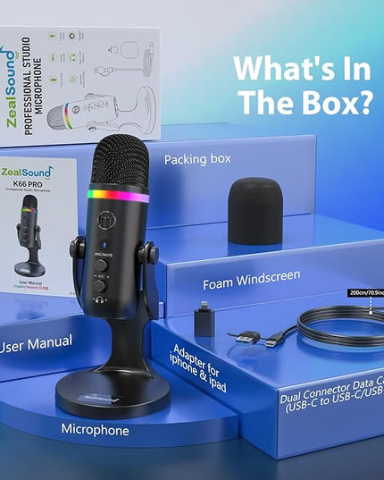 ZealSound Podcast Microphone for PC, USB Noise Cancelling Mic with RGB Lighting, Mute & Gain Control, Zero-Latency Monitoring for Mac, iPhone, iPad, Computer, Streaming, Recording, Podcasting K66 Pro