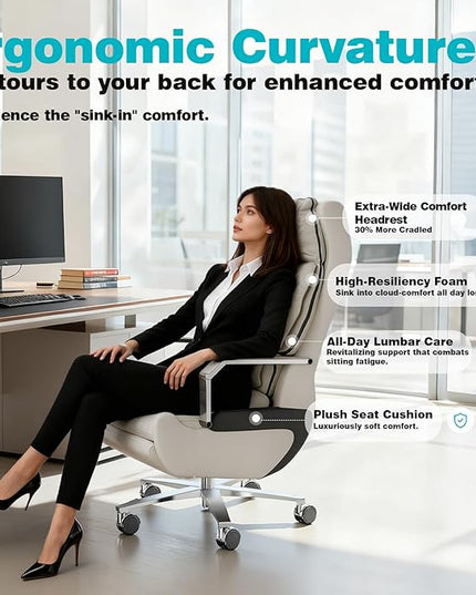 Dual Motor Executive Home Reclining Office Chair with Footrest - One-Click Electric Recline with Massage & Pillow Support Big and Tall PU Leather Ergonomic Desk Chair, High Back Wide Seat (White)